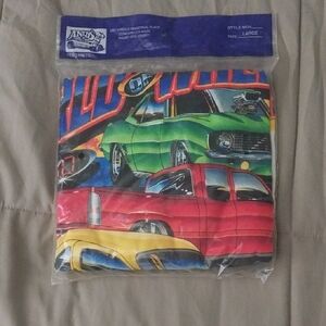 Vibrant Blue and Green Short Sleeve Tee with Classic Car Design